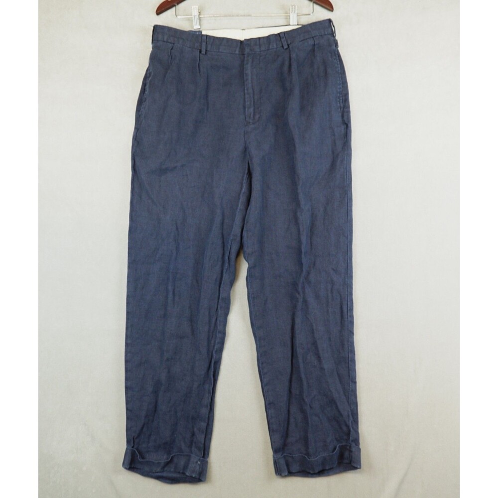 VTG Polo Ralph Lauren Pleated 100% Linen Trousers Pants Cuffed 34x31 Buckle Back